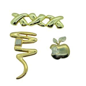 Park Lane Brooch Pins Set Of 3 Womens Gold Tone Rhinestone Lightening Apple Hug